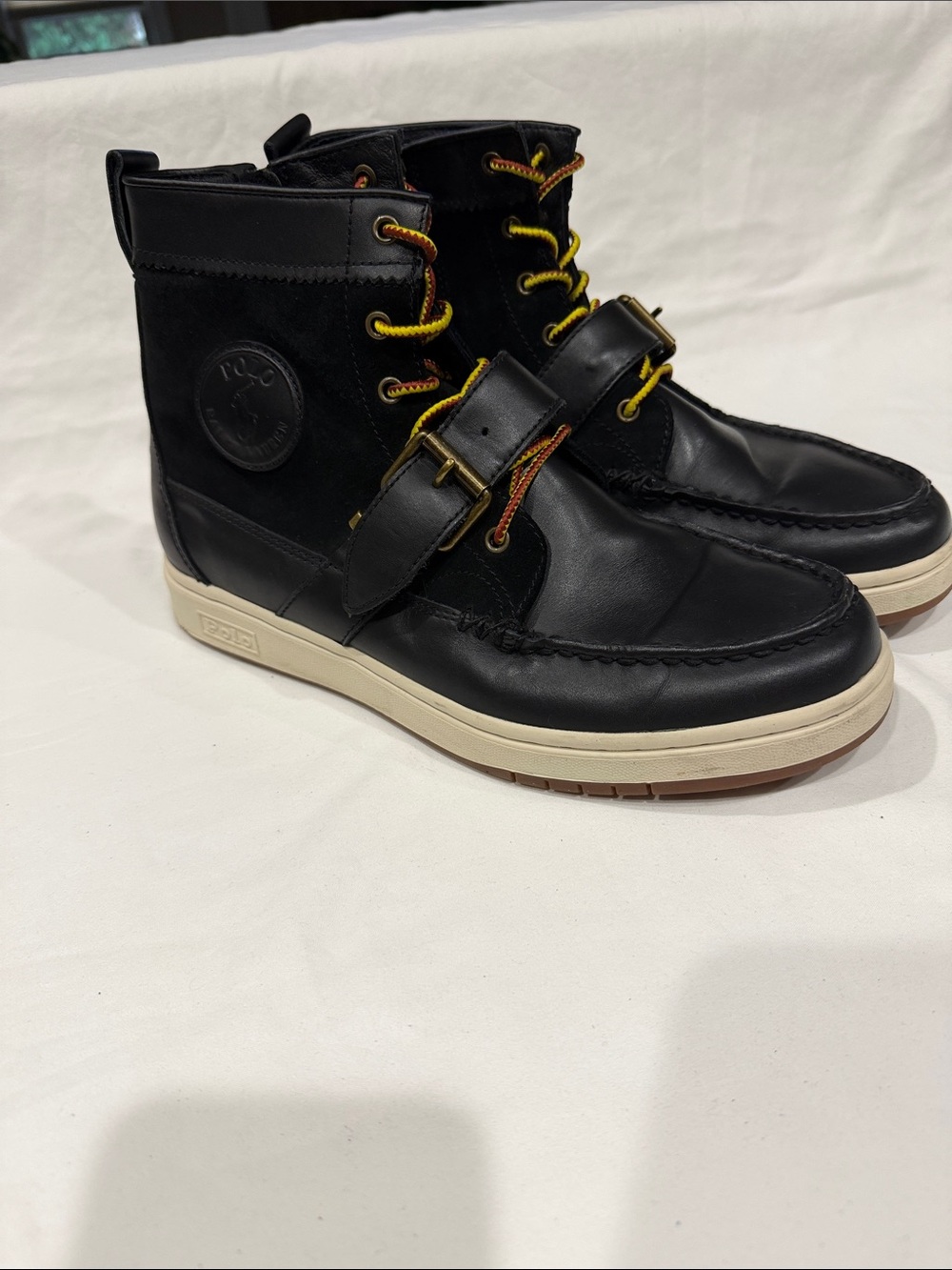 Polo by Ralph Lauren Black Leather High-Top Boots with Yellow Contrast Laces